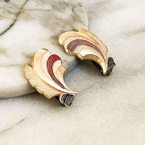 Vintage Signed Germany Clip On Earrings Rose Gold Toned Metal and Enamel MCM - Picture 3 of 8